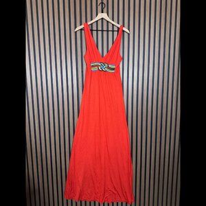 Manoush Dress Medium Womens Red Orange Maxi Front Knot Yarn Art 100% Modal